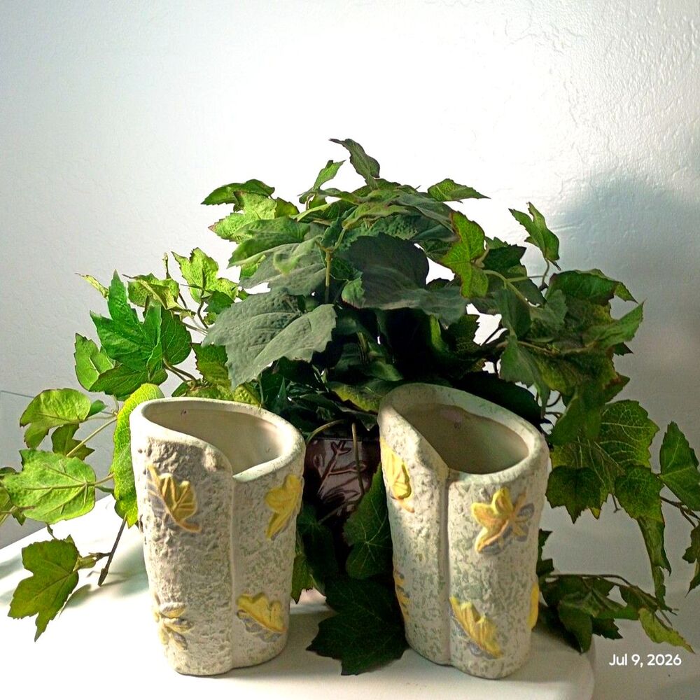 Handcrafted White Ceramic Vases with Yellow Leaves, Handpainted Clay Pottery